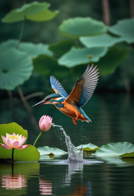 Kingfisher bird diving into the water of a lake, very realistic photography, forest background and lotus flowers
