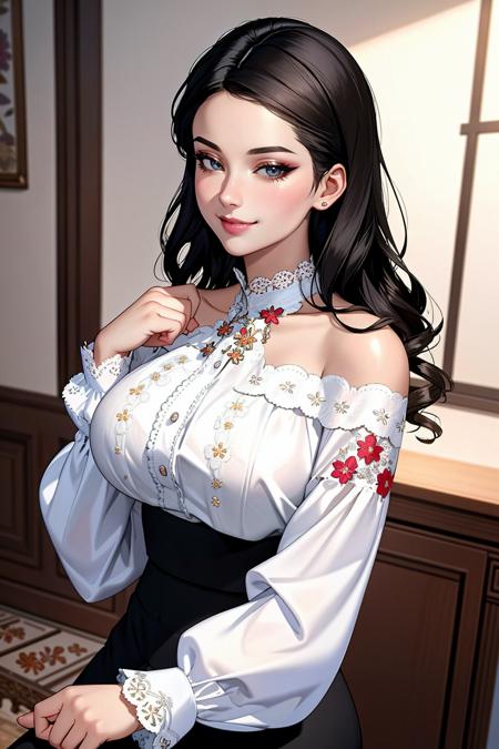 ((Masterpiece, best quality)),edgQuality,smirk,smug,  
edgCT, a woman in a blouse, and a skirt,wearing edgCT,chic top,(floral embroidery),((off shoulder)),
<lora:edgChicTops1:0.85>