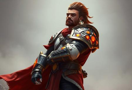Create a high-resolution, 4K image of a Gauntlet Warrior standing proudly against a stark Jelly Hole background. The warrior, predominantly brown and white with vibrant red and yellow accents, wears a large Infernal Gauntlet in their ready right hand and rests their left hand on their hip. With their head turned to the left, as if gazing into the distance, the warrior exudes dynamism and readiness. The image should feature lifelike details, sharp lines, stunning and harmonious colors, and a captivating lighting setup. Utilize a dynamic action pose and contemporary aesthetics, aiming for a beautiful matte painting with impeccable composition and a well-timed moment. Aim for a joyful impact, powerful message, and beautiful detailed eyes, and consider trends from CGSociety, ArtStation, and Octane Render.
High-res, 4K, Exceptional Quality, More Detail, Lifelike Details, Super Detailed Face and Eyes and Clothes, Handcrafted with Precision, High Quality, Sharp Lines and Brush St