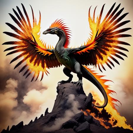 (half Komodo dragon) half flaming phoenix, hybrid animal, flaming wings, <lora:Phoenix:0.62>