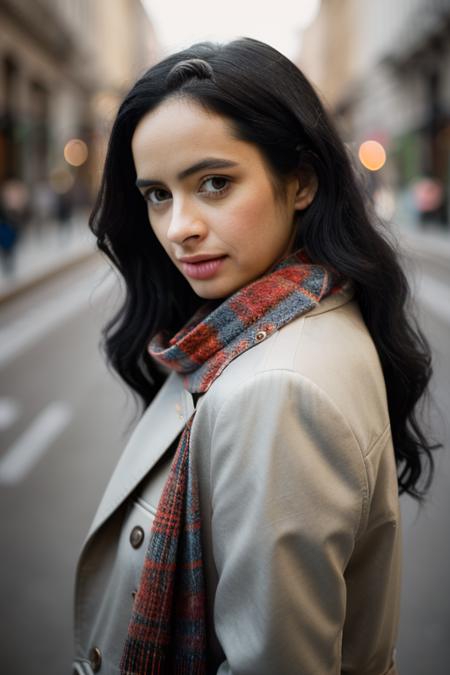 Realistic photo of a beautiful kryst3nr-v12 woman,  1girl, solo, long hair, black hair, brown eyes, upper body, parted lips, teeth, scarf, blurry, lips, coat, looking to the side, blurry background, looking away, realistic, soft lighting, professional Photography, Photorealistic, detailed, RAW, analog, sharp focus, 8k, HD, DSLR, high quality, Fujifilm XT3, film grain, award winning, masterpiece<lora:kryst3nr-v1:1.0>