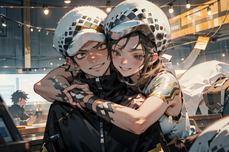 masterpiece,best quality,8k,highres,<lora:Trafalgar_lawV3-10:0.8> 
1boy,1girl,arms around shoulder,Cheek to cheek,
AND 
1boy,bend his arm around her shoulder,smile,law,tattoo,
AND 
1girl,bend her arm around his shoulder,smile,femlaw,tattoo