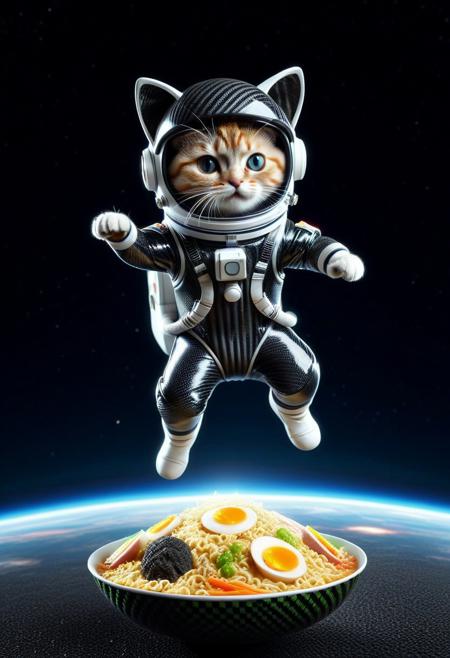 (made of Carbon Fiber:1.3), closeup cute small astronaut cat, dynamic kung fu jumping pose, leg up, wear round goggles, wear animal ears helmet, wear Carbon Fiber astronaut suit, on Carbon Fiber planet ground, ramen, spaceship, space background, Taste the Rainbow, cinematic, cinematic lighting, (masterpiece, best quality:1.4), ultra-high res, 4k, Photorealistic, insanely detailed, sfw,