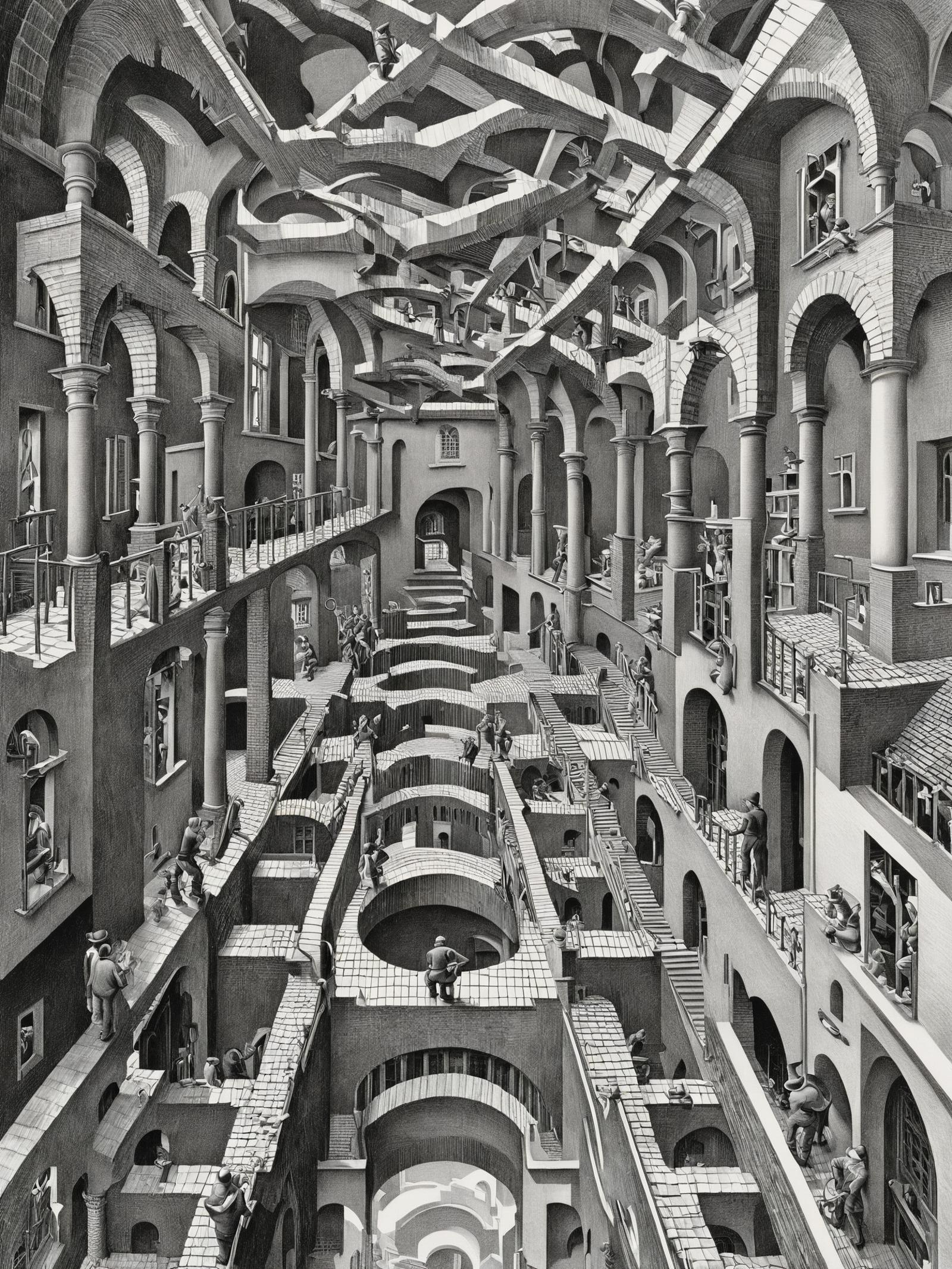 A surreal black and white drawing of a maze-like structure with people walking through it.