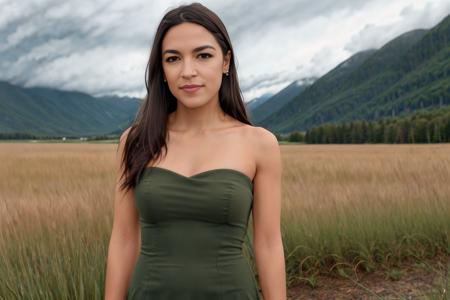 a realistic photo of grinning alexandriaocasiocortez woman wearing a beautiful strapless dress standing in a grassy field with mountains and storms in the background <lora:aoc-1.0:1>