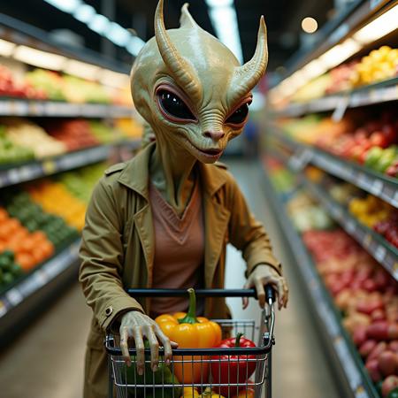 bizarre female alien creature with tentacles and a large bony forehead crest, dressed like a suburban mother, pushing a shopping cart shopping for groceries in a grocery store, strange alien fruits and vegetables, photo