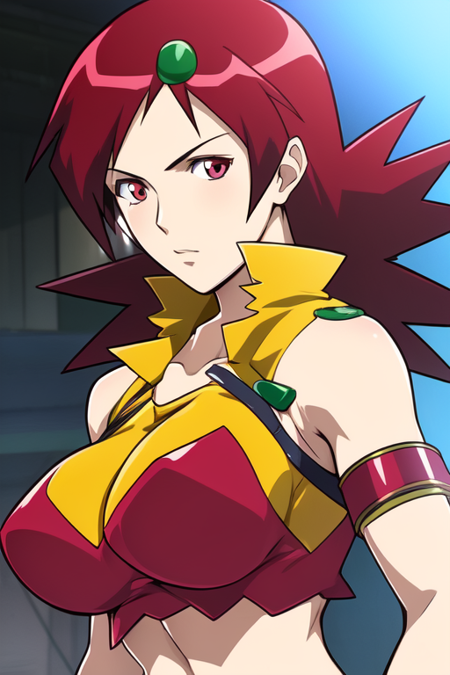 Naomi Fluegel, red hair, spiky hair, red eyes, yellow gloves, red thighighs, red shorts, thighs, green hair ornament, arm bands, exposed shoulders, large breasts, red high heeled boots,