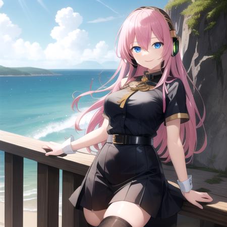 ((masterpiece)),(best quality),official art,extremely detailed CG,unity 8k wallpaper,ultra detailed,A lighthouse on a cliff by the sea,1girl,solo,cowboy shot,megurine luka,long hair,fringe,headset,black shirt,smile,blue eyes,hair between eyes,large breasts,pink hair,black thighhighs,headphones,black skirt,wrist cuffs,long skirt,<lora:Megurine Luka(vocal)>,