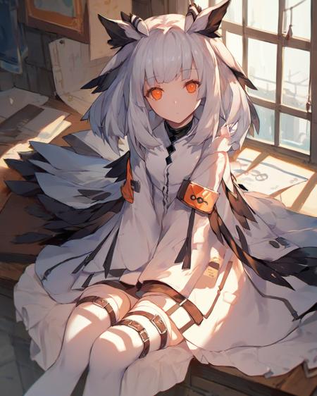 Ptilopsis, white hair, feather hair, bangs, owl ears, orange eyes, basicdress, criss-cross halter, owlcoat, armband, goggles around neck,  armband, gloves, socks, boots, promotiondress, ptilocoat, shorts, white thighhighs, belt strap, armband, high heel boots, thigh boots, hair ornament, hairclip, Black jacket, purple shirt, sleeveless, off shoulder, open clothes, high-waist skirt, knee boots, purple jacket, orange sweater, turtleneck, beret, black dress, black thighhighs, black skirt