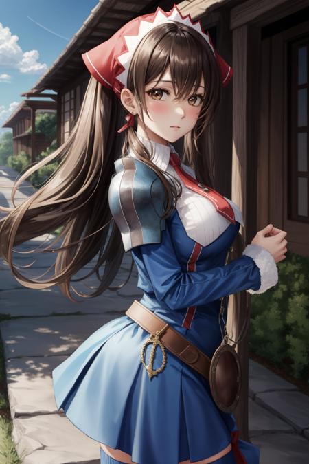 masterpiece, best quality, alicia melchiott, headdress, red necktie, military uniform, blue thighhighs, armor, cowboy shot, from side, looking at viewer, blushing, village <lora:alicia-nvwls-v1-000009:0.9>