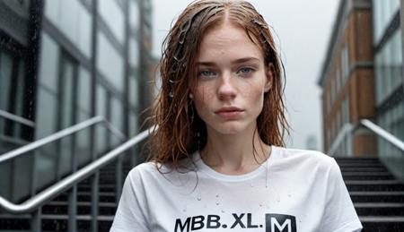 woman, pale skinned, freckles, sitting on the steps of a busy office building in London, (wearing a white t-shirt with text ("M B B X L":1.3), full frame portrait, 8k, highly detailed, highest quality, highly detailed facial features, highly detailed skin, masterpiece, overcast, cloudy,(raining, raindrops:1.2), (wet t-shirt, wet skin, wet hair:1.2), 
<lora:mjv2-step00008000:0.6>  <lora:glowy-step00005000:0.0>