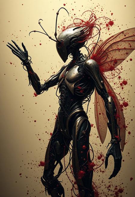 A cybernetic prophet, half-human, half-abstract form, predicting the downfall of civilization, splatters, fluid motion and movement, dark gold and dark crimson tones, photorealistic composition, dark aesthetic, surreal atmosphere, made of insects, liquid metal textures, tangled organic forms, high contrast, intricate details, abstract realism, eerie elegance, dynamic shapes, cinematic lighting