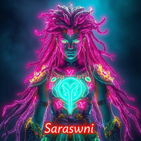 ansitions with the ethereal grace of the bioluminescent translucent fungus, Moss, and seaweed she embodies. Her body is adorned with a set of intricately crafted Bioluminescent translucent Virgo alexandrite colors zodiac armor, which casts a mesmerizing glow that outlines her form. The Virgo sign, prominent on her chest plate, pulses in vibrant neon colors, symbolizing her deep connection with the cosmos and the wisdom it holds. Her hair looks like Bioluminescent translucent roots, vines, fruit-steams, and wood Dreadlocks. Floating above her in majestic neon letters is her name, "Saraswati," illuminating the scene with an otherworldly presence. At the bottom of the picture, the word "kyōzon" is inscribed in neon colors, a subtle nod to the Japanese term for "hallucination," hinting at the surreal and fantastical nature of her existence. Her character sheet, displayed with 50 distinct and realistic fungi-based superpowers, adds a layer of depth and intrigue to her mystical aura. moody backdrop, contrasting with the vivid neon elements and emphasizing her as the focal point of the composition. The visual symphony of colors, textures, and forms come together to create a captivating portrayal of a powerful being that is both of this world and beyond it.