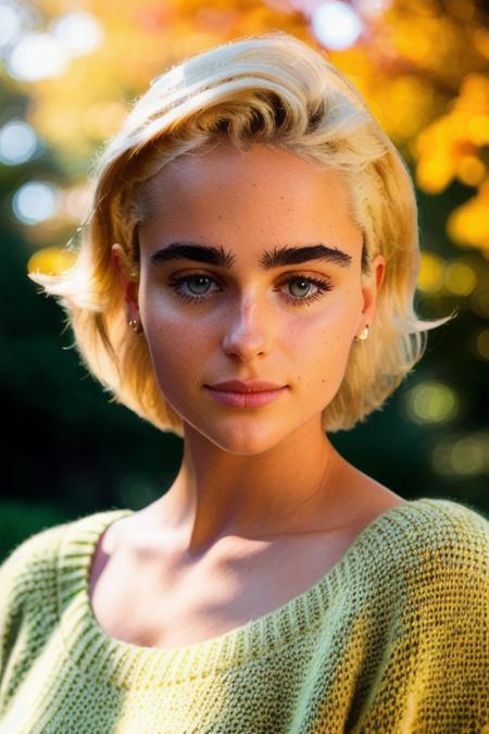 stunningly beautiful woman <lora:stefaniaFerrario:1>, shoulder length blonde hair, hazel eyes, stunning knitted sweater, perfect day at the park, autumn, warm lighting, upper body, (close up:1.4), cinematic lighting, (candid, amateur), smiling:0.5, cinematic shot, raw, uhd, 8k, fujifilm xt3, perfect day, highly detailed face, voluptuous, [chubby]