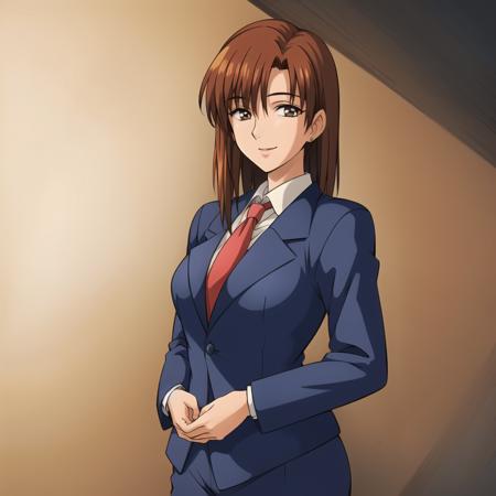 masterpiece, best quality, a  woman, beautiful, shot hair, <lora:ghibli_style_offset:0.8>, smiling,  blue suit, red tie,  <lora:NIMAYA:0.75>,