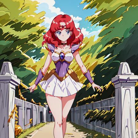 Scarlet_Ohara, 1girl, solo,blue eyes,jewelry, red hair, choker, miniskirt, white skirt,armor, high heels, white skirt, shoulder armor, pauldrons, purple thighlet, forehead,gold guntlet,gold tiara