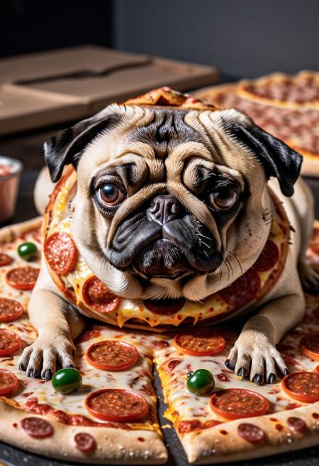 A pug is covered in pizza, he does not look amused, grumpy pug, realistic, RAW photo, 8k, uhd, dslr, high quality, realistic photograph, depth of field, pizzasdx