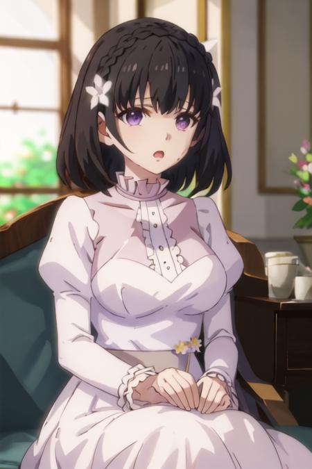 best quality, masterpiece, highres, solo, {lainie_cyan_tenseioujototensaireijounomahoukakumei:1.15}, black_hair, short_hair, hair_ornament, bangs, flower, hair_flower, braid, crown_braid, blurry, red_eyes, 1girl, anime_coloring, blurry_background, close-up, open_mouth, parody, purple_eyes