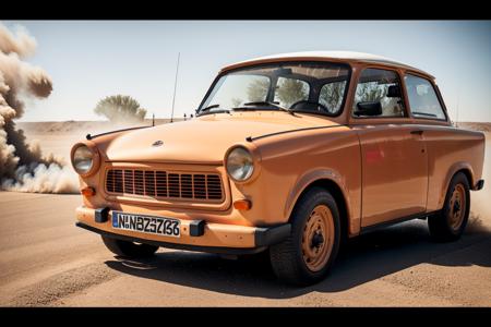 red STANCE TRABANT,  car, sandstorm, photorealistic, shot by Sony a7iii  <lora:TRABANT:0.8>