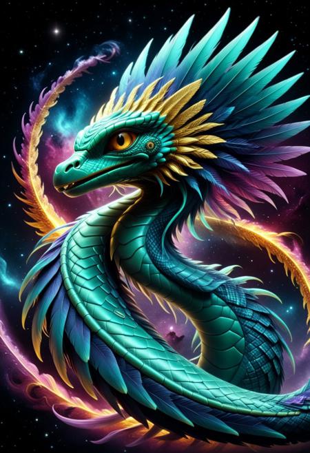 Quetzalcoatl reimagined as a cosmic feathered serpent, majestically coiling through a nebula in deep space, its radiant feathers glowing with an otherworldly bioluminescence, cinematic sci-fi photography rendered with surreal, hyper-detailed celestial environments, iridescent blues and violets dominating its spectrum palette blended with swirling stardust, wide dynamic range for intense star fields and nebular gases, the soft glow of alien suns providing eerie backlighting, inspired by sci-fi films like Interstellar and mythology fused with futurism, surreal and awe-inspiring mood
 sn4ke
