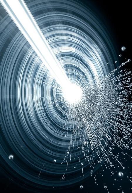 A chrome and silver beam hitting a supervillain 100 metres away. The beam is about 1 metre thick and surrounded by multiple concentric grey and white circles of varying diameter   And the impact has an explosion of grey scale and metallic particles. Each particle is concentric. They are 5 to 300 mm in diameter