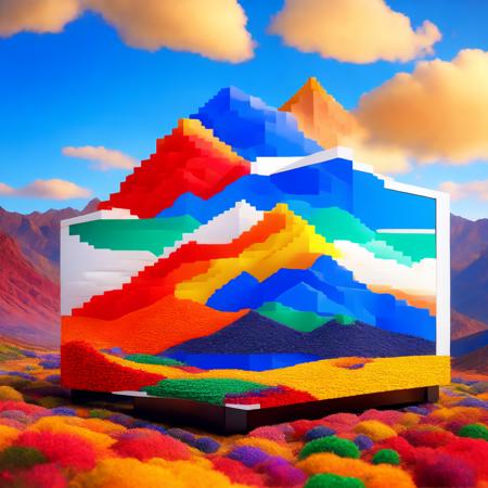 (boxedfuture style:1) a television made out of legos with a mountain scene in the background <lora:djzBoxedFutureV21_LoraBooth:1>