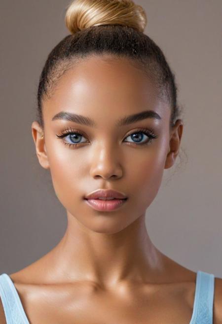 hyper realistic and detailed photo of a cute 22 year old african female gymnast, shallow depth of field, cleavage, two-packs abs, golden blonde straight messed up hair, straight waist, realistic textures, 8k movie still, cinematic, looking at viewer, straight hip, narrow hip, small hip, small round shape butt, tiny breasts, long legs, Youthful, radiant complexion with fair skin. Her facial structure is characterized by soft, rounded features with a gentle jawline that complements her overall delicate visage. The eyebrows above are well-defined, arched gracefully, adding to the intensity of her gaze. Her hair, a rich golden brown, is pulled back into a high ponytail that cascades in gentle waves, framing her face elegantly. Her lips are full and appear soft, providing a neutral yet inviting expression. The subject's nose is proportionate to her face, with a subtle, rounded tip that harmonizes with her soft facial features.
The eyes are a distinctive feature, conveying a remarkable depth of color   a shade of light blue. Her irises are ringed with a darker blue hue. Her pupils are centered and clear. The eyelids are smooth, with a subtle crease that adds depth to her eye structure. Her lashes are of a lighter brown, long and evenly spread, curling gently upwards.