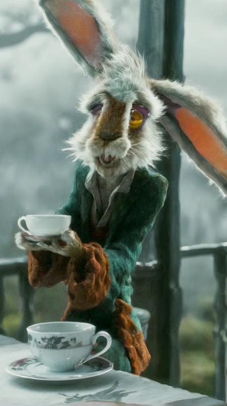 marsh hare posing on a balcony drinking tea