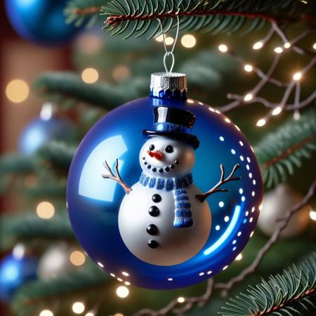very realistic close-up photograph of a  blue Christmas sphere with a snowman on it hanging in a Christmas tree branch