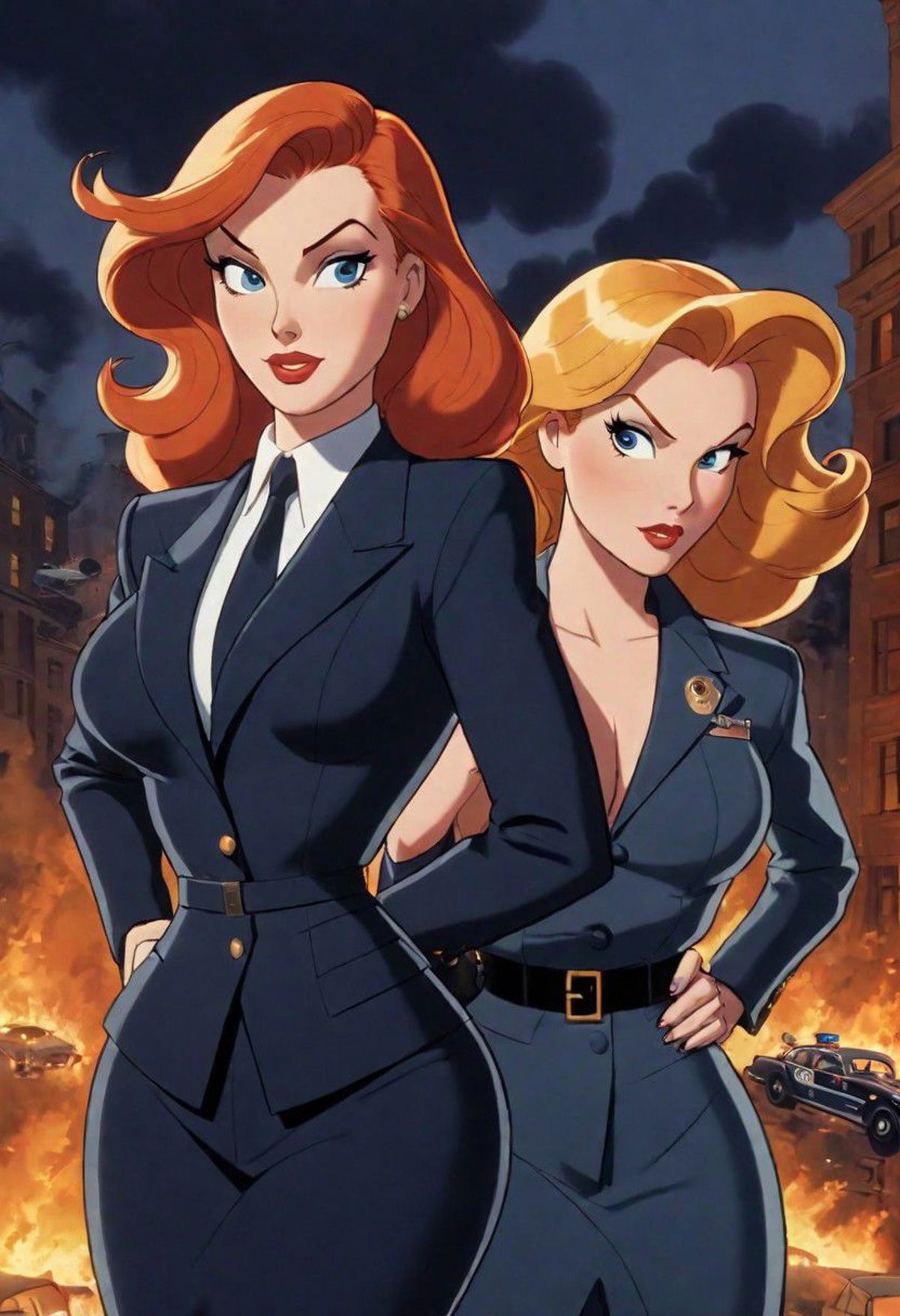 Two Cartoon Character Women in Uniforms, One with a Tie, and One with a Pin-up Look, Standing Together.