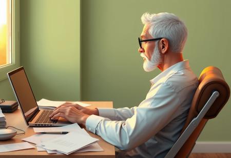 A highly detailed, semi-realistic 3D digital illustration, side view of a writer, sitting at his desk, typing on his laptop. The desk is positioned orthogonal to the window. The desk is cluttered with scattered sheets of paper and a sleek laptop, illuminated by the soft, warm glow of the golden hour at dusk. The writer's short white hair is combed back from his forehead, revealing a slightly receding hairline. A neatly groomed white beard, sideburns, and mustache frame his chiseled, narrow face with a strong jawline and prominent cheekbones. Thick, arched eyebrows sit above round, black-framed glasses on his sharp, narrow nose. His pale, healthy skin shows fine lines that reflect his experiences, with a slight rosiness in his cheeks. He wears a cozy, informal white shirt. He's chair looks foldable with a brown leather recline.  The room is painted a calming light green, its walls bathed in the gentle, diffused light filtering through the window. The smooth, precise lines and clean shading emphasize the texture of the wooden desk and the subtle creases in the papers, creating a serene and focused atmosphere. The scene captures a moment of quiet productivity, blending natural light with the cozy interior setting.
Hide