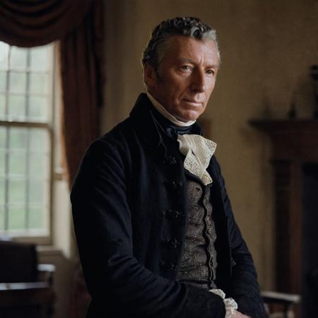 front shot, portrait photo of (( James Monroe)) , looks away, natural skin, skin moles, cozy interior, 17th century attire, (cinematic, film grain:1.1)