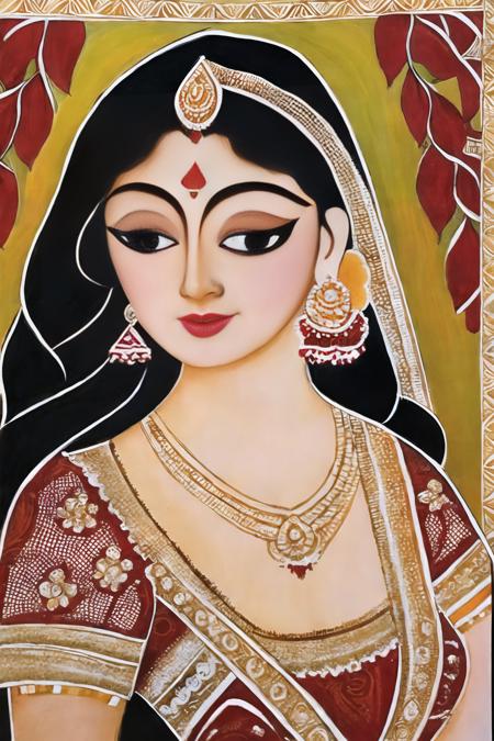 style of <lora:madhubnillust-000012:0.8>, beautiful portrait of a woman wearing sari with a veil and wearing earrings tiara and with large brown eyes and long black hair