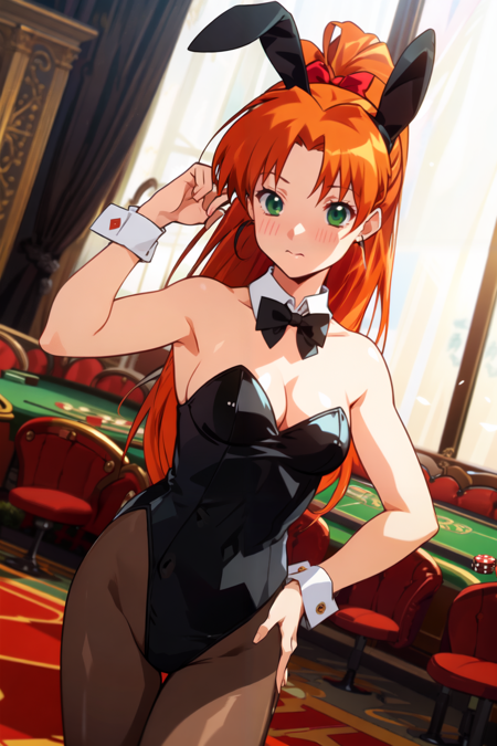 mana, green_eyes, orange_hair, long_hair, high_ponytail, hair_ribbon, red_ribbon,