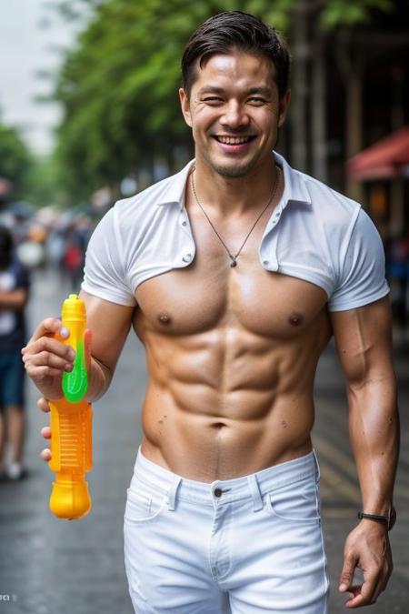 1man, male,asian, White and bright skin Radiant and hydrated,((( hand holding water gun))), happy face,((shirt white)), (short jeans, bulge, )VPL, handsome,short hair,pubic hair,muscular,muscle chubby chest, wet, cinematic photo full body, 35mm photograph, film, professional, 4k, highly detailed,Thailand city street , daylight