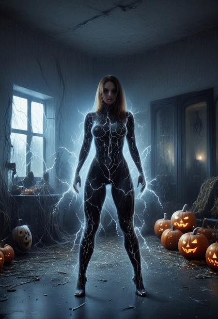 sexy female, milf, score_9, score_8_up, score_7_up, score_6_up, score_5_up, score_4_up, UHD, 8K, masterpiece, detailed, ultra_high_resolution, lots of detail, OverallDetailXL, detailxl, regalres, Masterpiece, 32k, photorealistic:1.4, score_9, score_8_up, score_7_up, Caitlin, HANDS BEHIND THE HEAD, HANDS HIDDEN, small waist, fitness body, toned muscles, wide hips, slender legs, high cheekbones, oval face, 32 years old, mature female, milf,  makeup, curvy, large breasts, pretty face, SUPERMODEL, HUGE BREASTS,  jewelry, labcoat, solo, lillybunz, skin tone style, realistic skin, only illuminated by the setting sun, golden glow, sunset, large window,colorful autumn trees outside, indoors, decorated atrium, school, school hall, many different Halloween decorations, These decorations are at least , jack-o'-lantern, pumpkin lantern, spiderweb, skull, devil head, skeleton, ghosts, large fake spider, bat, bats, supermodel, seductive smile, sultry, serious stare, stern look, close-up, bend forward, natural skin, long hair, massive breasts, sexy posture, belt, white skirt, short skirt, blue eyes, blue sash, decorations, horror scene, horror scene, dark, glowing eyes, mad-lgthng, lightning.