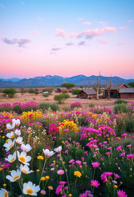 White, pink, yellow, colorful flower fields, acacia trees, tall wooden village buildings, mountains in far distance, bustling village, savannah wilds, arid prairie, detailed scenery, full moon, night, clouds, starry sky, milky way, 
best quality, sharp focus, high contrast, colorful, ultra quality, 8k, best quality,