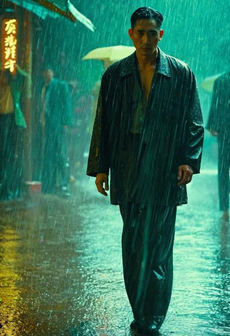 The texture of a Wong Kar Wai movie, a strong man standing in the rain, making fighting movements, the texture of a movie, Ultra High Definition, 4K, Outstanding, Detailed