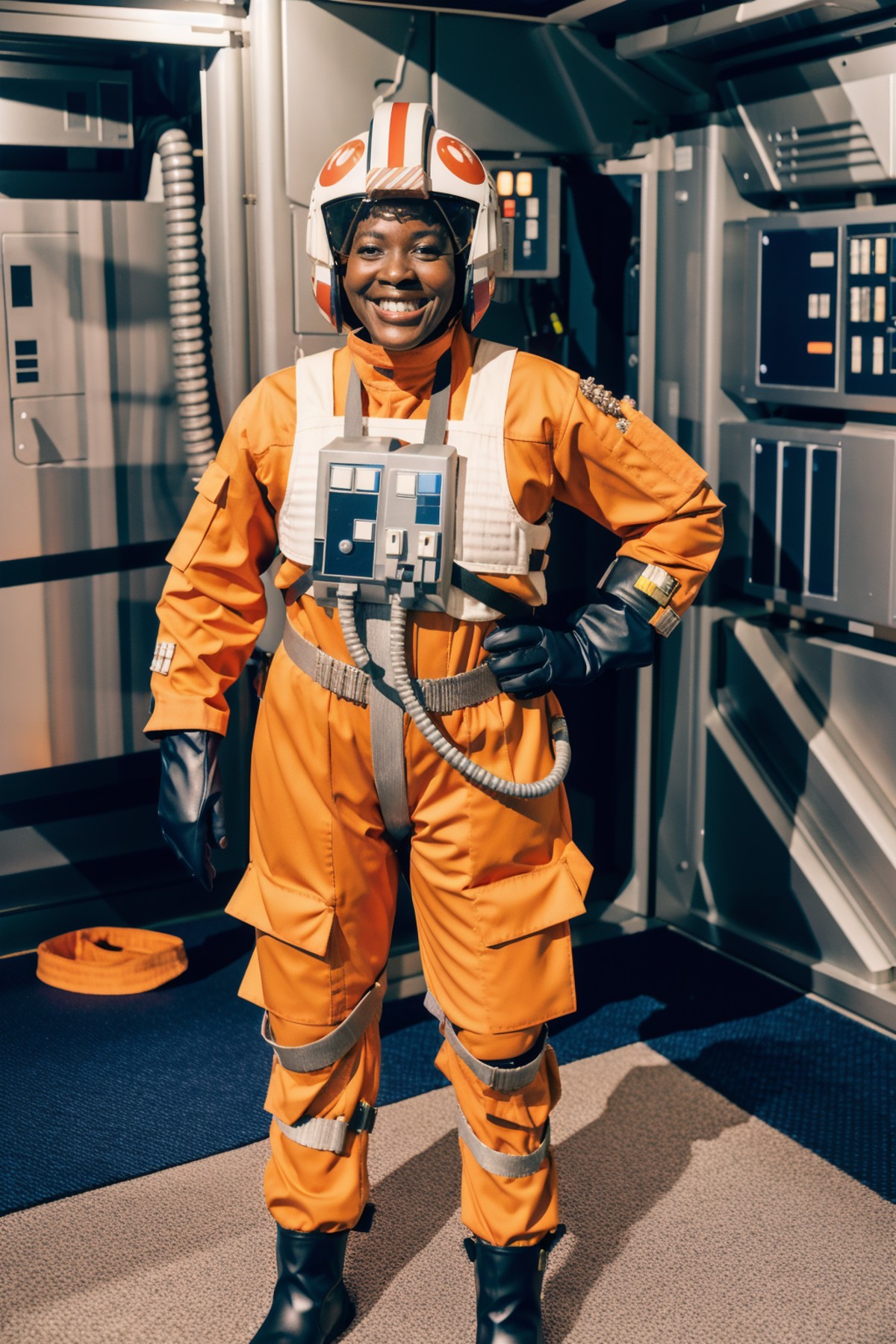 olderblack woman in rebel pilot suit,wearing helmet,smiling,in a space station,machinery,technology,intricate details<lora...