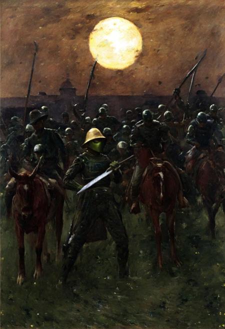 alien invasion, epic, dramatic, battle, horror, by theodore robinson, impressionism, painting