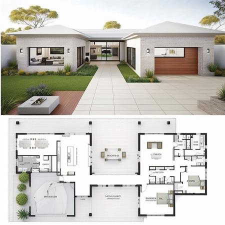 u shape so it looks like a courtyard in the front. and it needs to have a three place car garage on the left hand side big territory expensive with big windows and transparent doors garage white brick facade big spaces inside with backyard black elements white is primary color on house modern house european style warm day light scenario