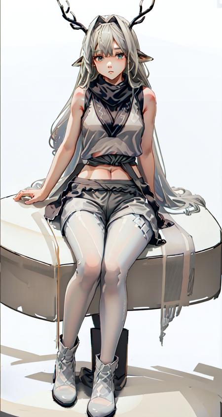 1 girl, solo,best quality,masterpiece,  <lora:Alina-000033:0.7>, Alina, antlers, deer ears, (((white_shorts))),(((grey_tanktop))), 1girl, solo, dress, white dress, sitting, boots, looking at viewer, simple background, full body, knee up, bare shoulders,(((sleeveless))), belly, (((black pantyhose))),(((scarf))),(((belly exposed)))