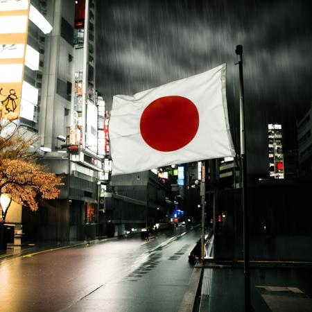 the Japan  flag,JapanFlag,Hyperrealistic,Hyperdetailed,realistic,masterpiece,best quality,ultra realistic,High Detail,<lora:AsiaFlags01-000002:1>,Cinematic Lighting,in winter,rain,rainy days,cloudy,city,cityscape,street,