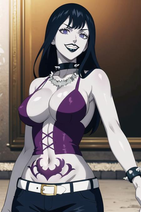 ((best quality)), ((highly detailed)), masterpiece, ((official art)), detailed face, beautiful face, (detailed eyes, deep eyes),(cowboy shot:1.1),(lolopechka, black hair, bangs), (lips), looking at viewer,  grin, teeth, 
(RockOfSuccubus),middle finger, large breasts, navel,(purple), cleavage, midriff, belt, pants, (tattoo:1.1), pubic tattoo,makeup, (colored skin:1.3), (black lips:1.3),(lipstick), (pale skin:1.5),(spikes:1.2), cross-laced clothes, (spiked bracelet), (spiked collar), necklace, bustier, (spiked armlet)
(Music_festival_background:1.2) ,(intricately detailed, hyperdetailed), blurry background,depth of field, best quality, masterpiece, intricate details, tonemapping, sharp focus, hyper detailed, trending on Artstation,1 girl, high res,