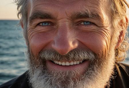 "Weathered fisherman, age 60, ultra-close-up portrait, deeply sun-wrinkled face with pronounced laugh lines, coarse salt-and-pepper beard with hints of ginger, piercing ice-blue eyes reflecting years at sea, wind-chapped lips, National Geographic style documentary realism, golden hour lighting casting warm orange glow on skin, wispy cirrus clouds in background sky, faint sea spray visible, 85mm prime lens for intimate framing, f/2.8 aperture for shallow depth of field, ISO 100 for crisp detail, slight film grain effect, soft vignette, visible pores and skin texture, small fishing boat out of focus in far background, seagull silhouette in upper corner, subtle lens flare, hyper-realistic skin tones with ruddy cheeks from sun exposure