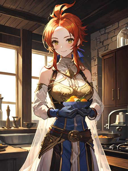 masterpiece,best quality,highres,cinematic lighting,dramatic angle,<lora:ShadowverseMaiser&SelenaV2:0.8>,Selena,1girl,orange hair,ahoge,yellow eyes,bare shoulders,gloves,blue robe,white shirt,breast plate,clothing cutout,suspenders,cooking,fire,smile