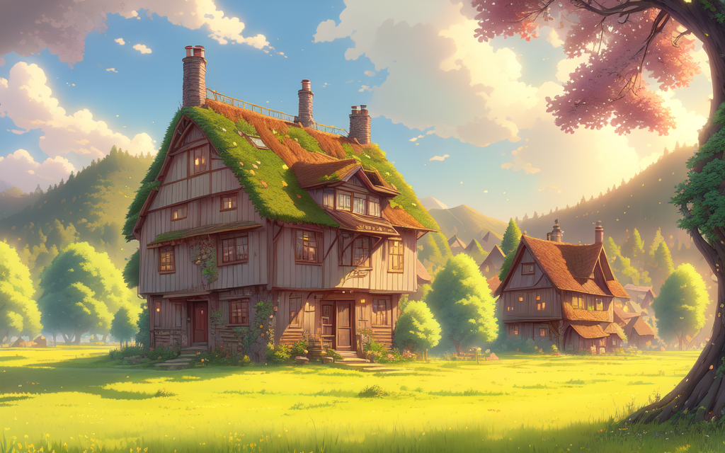 detailed realistic anime illustration of a cozy rustic village in a grand meadow
