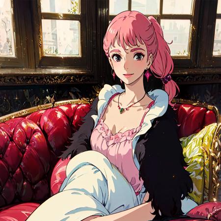 (8k, best quality, masterpiece:1.2), (realistic, photo-realistic:1.37), ultra-detailed, beautiful devil, upper body, face the front, looking at viewer, (pink hair), (solo), ponytail, ((tiny breast)), 1girl, solo, indoors, sitting, blonde hair, smile, couch, 1girl, perfume bottle, jewelry, collarbone, necklace, sparkle, pillow, bow, facing viewer, frills, bottle, sidelocks