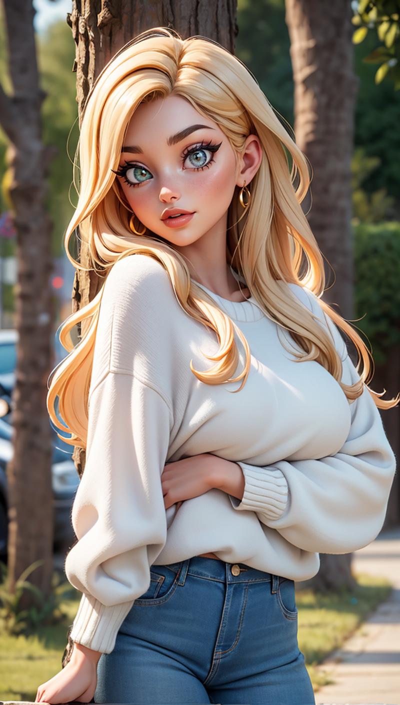 A Blonde Barbie Doll in a White Sweater Posing for a Photo.