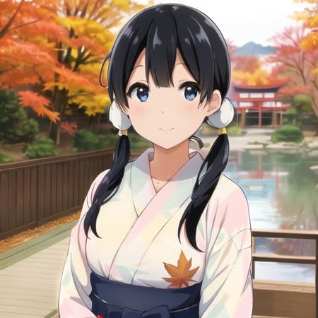 high quality, masterpiece, beautiful, 1girl, (kitashirakawa_tamako), twintail, black hair, blue eyes, ((in autumn)),maple tree, falling leaves, (fluttering leaves), beautiful detailed pink yukata, japanese print, looking at viewer, light smile, closed mouth, <lora:kitashirakawa_tamako_v3-000005:0.5>